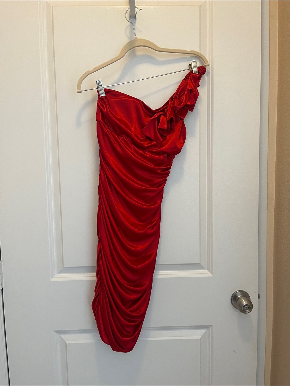 Ruby Rox Red One-Shoulder Ruffled Satin Dress